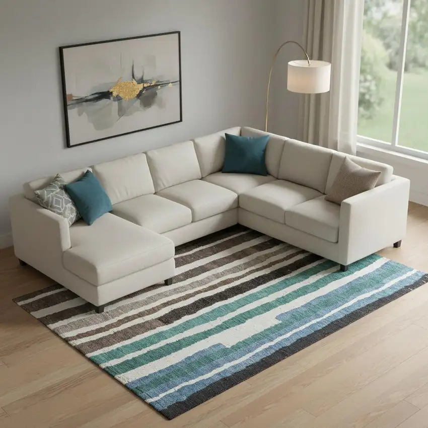 Brown Teal And Ivory Striped Washable Area Rug With UV Protection Photo 2
