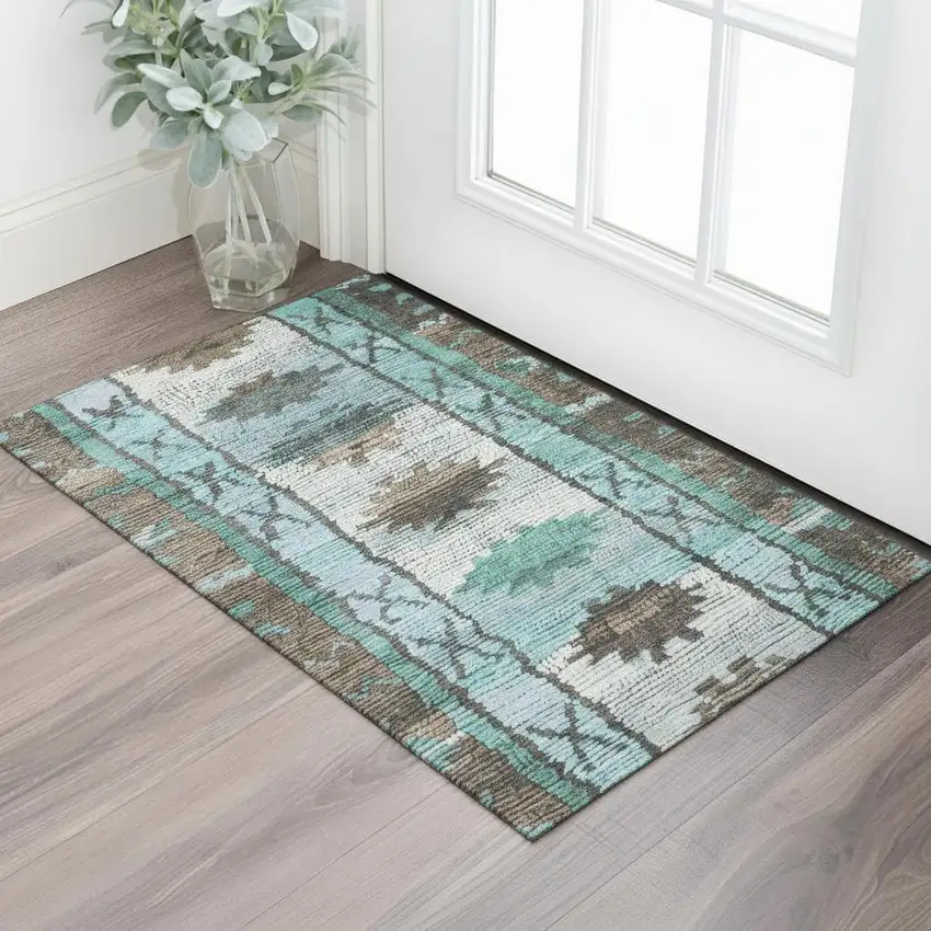 Brown Teal And Ivory Tribal Washable Area Rug With UV Protection Photo 2