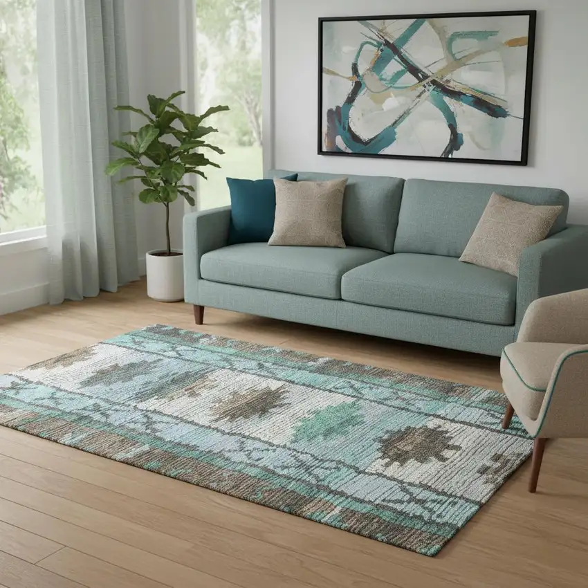 Brown Teal And Ivory Tribal Washable Area Rug With UV Protection Photo 2