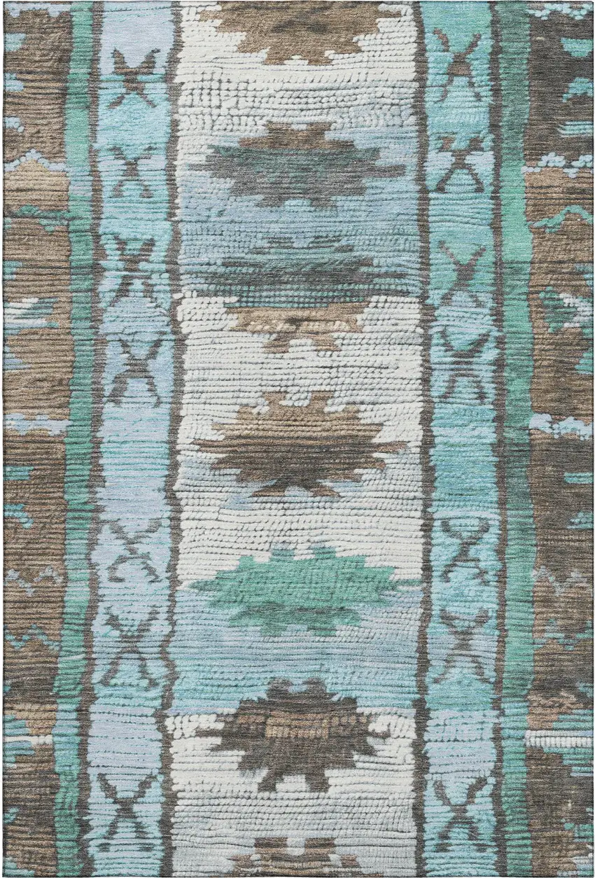 Brown Teal And Ivory Tribal Washable Area Rug With UV Protection Photo 1