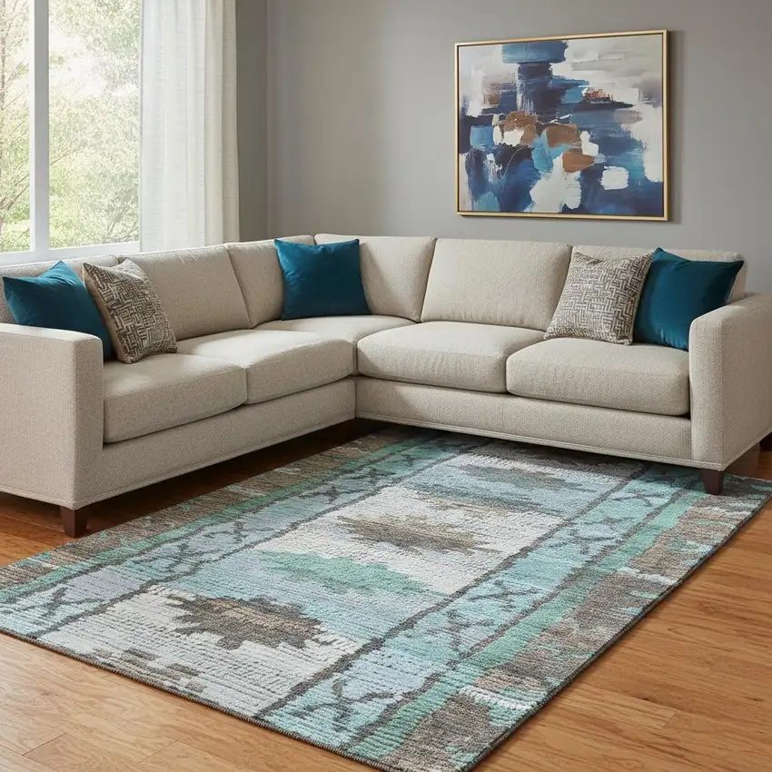 Brown Teal And Ivory Tribal Washable Area Rug With UV Protection Photo 2