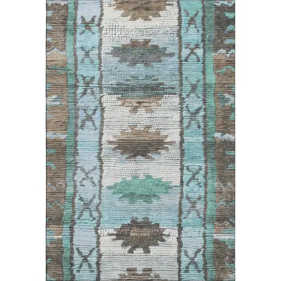 Brown Teal And Ivory Tribal Washable Area Rug With UV Protection Photo 1