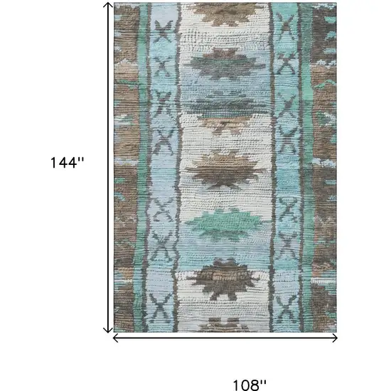 Brown Teal And Ivory Tribal Washable Area Rug With UV Protection Photo 9