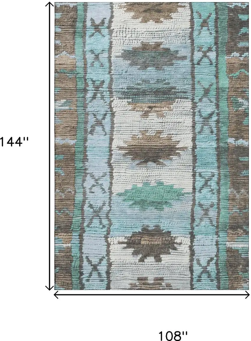 Brown Teal And Ivory Tribal Washable Area Rug With UV Protection Photo 9