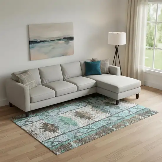 Brown Teal And Ivory Tribal Washable Area Rug With UV Protection Photo 2