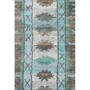 Photo of Brown Teal And Ivory Tribal Washable Area Rug With UV Protection