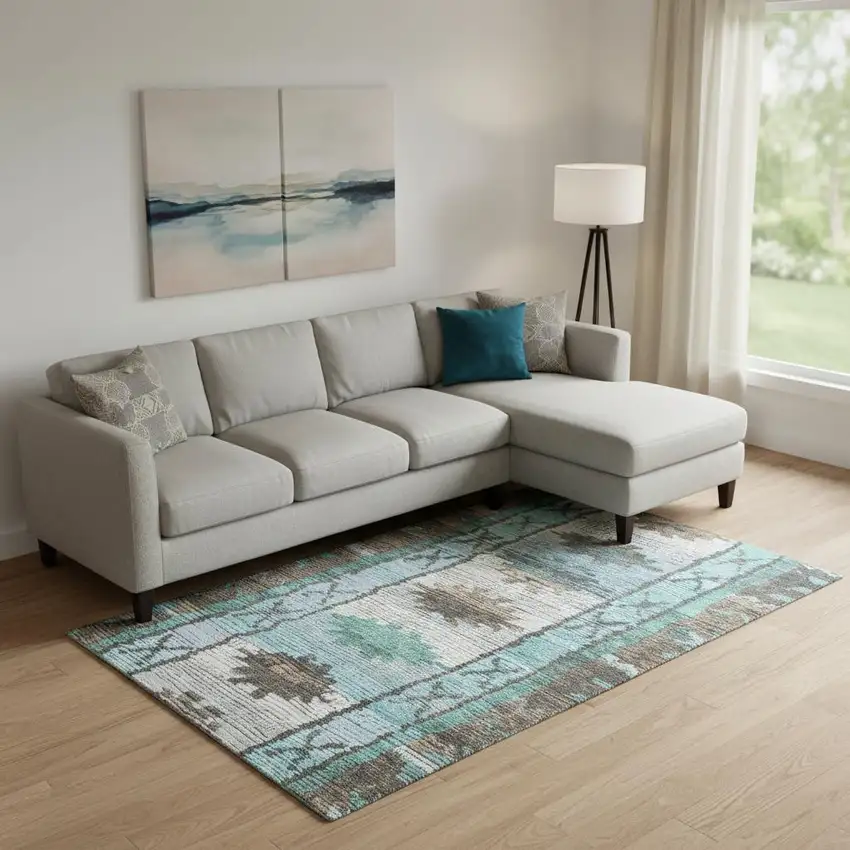 Brown Teal And Ivory Tribal Washable Area Rug With UV Protection Photo 2