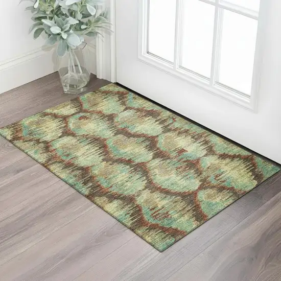 Brown Teal And Rust Diamond Washable Area Rug With UV Protection Photo 1