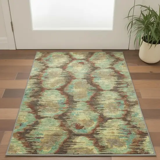 Brown Teal And Rust Diamond Washable Area Rug With UV Protection Photo 2