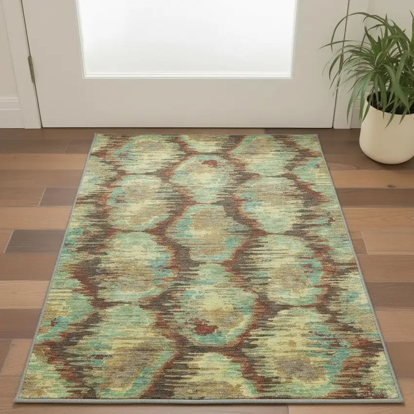 Brown Teal And Rust Diamond Washable Area Rug With UV Protection Photo 2