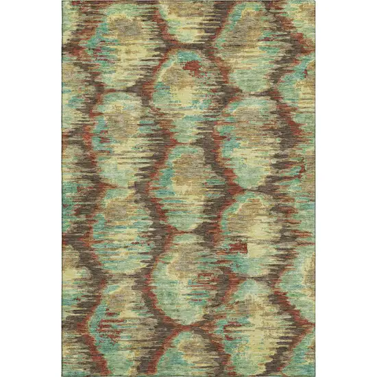Brown Teal And Rust Diamond Washable Area Rug With UV Protection Photo 1