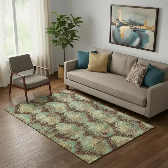 Brown Teal And Rust Diamond Washable Area Rug With UV Protection Photo 1