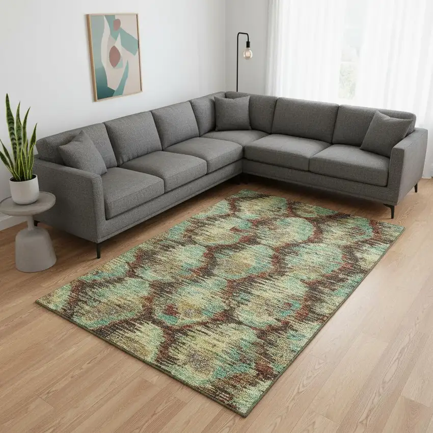 Brown Teal And Rust Diamond Washable Area Rug With UV Protection Photo 2