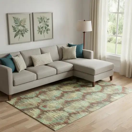 Brown Teal And Rust Diamond Washable Area Rug With UV Protection Photo 1