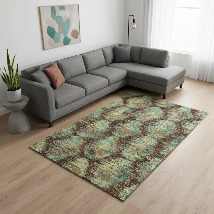 Brown Teal And Rust Diamond Washable Area Rug With UV Protection Photo 2