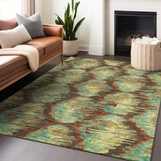 Brown Teal And Rust Diamond Washable Area Rug With UV Protection Photo 6