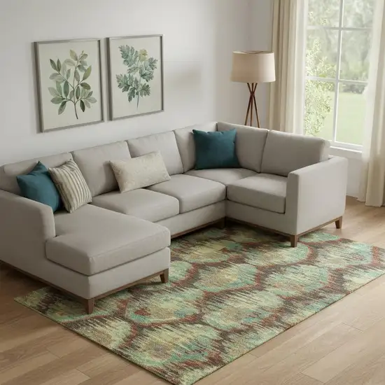 Brown Teal And Rust Diamond Washable Area Rug With UV Protection Photo 1