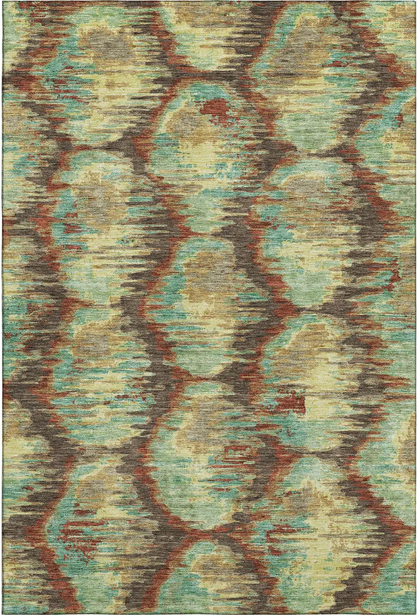 Brown Teal And Rust Diamond Washable Area Rug With UV Protection Photo 1