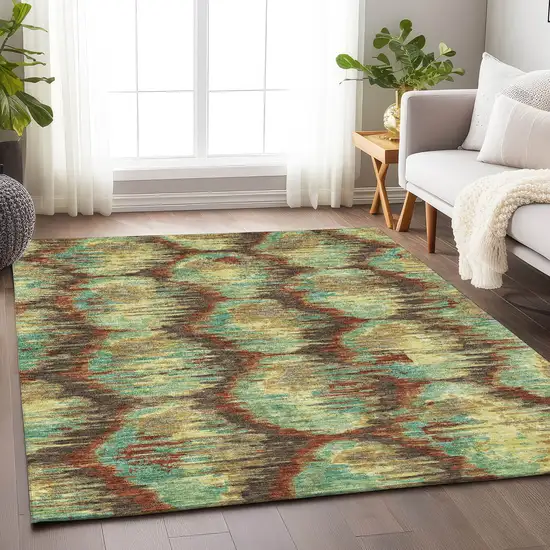 Brown Teal And Rust Diamond Washable Area Rug With UV Protection Photo 4