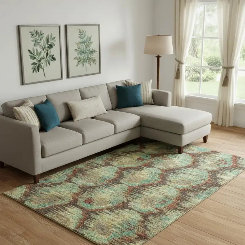 Brown Teal And Rust Diamond Washable Area Rug With UV Protection Photo 1