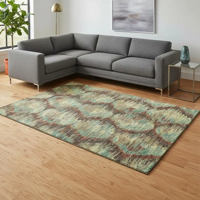 Brown Teal And Rust Diamond Washable Area Rug With UV Protection Photo 2