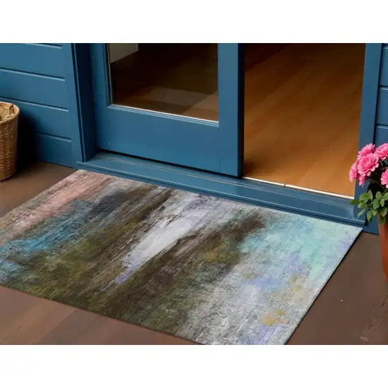 Brown Teal Blue And Blush Abstract Washable Indoor Outdoor Area Rug Photo 2