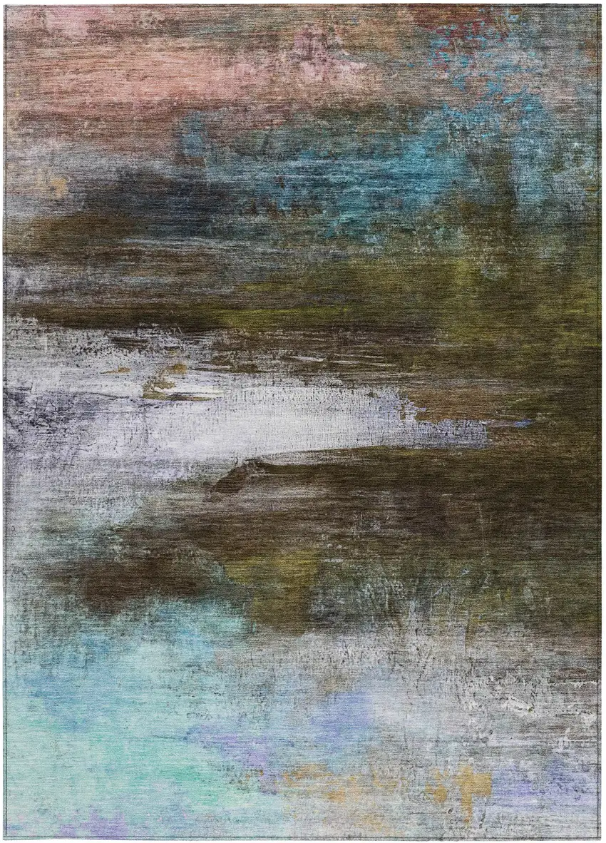 Brown Teal Blue And Blush Abstract Washable Indoor Outdoor Area Rug Photo 1