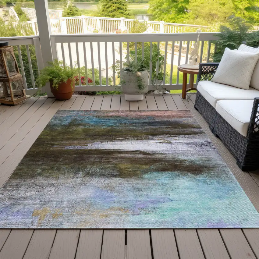 Brown Teal Blue And Blush Abstract Washable Indoor Outdoor Area Rug Photo 7