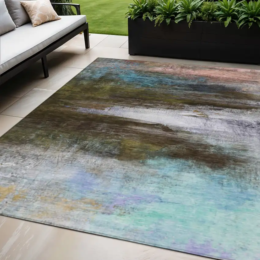 Brown Teal Blue And Blush Abstract Washable Indoor Outdoor Area Rug Photo 2