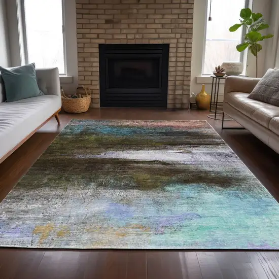 Brown Teal Blue And Blush Abstract Washable Indoor Outdoor Area Rug Photo 6
