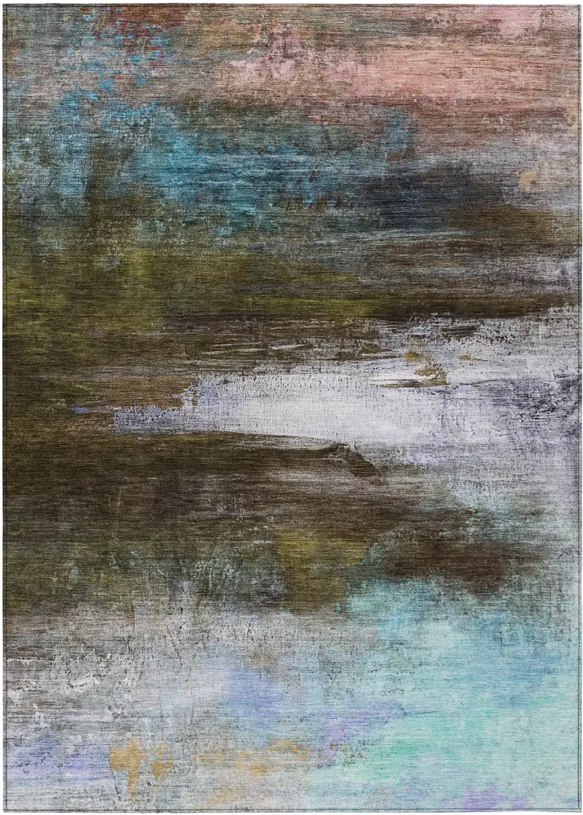 Brown Teal Blue And Blush Abstract Washable Indoor Outdoor Area Rug Photo 8