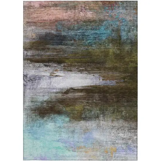 Brown Teal Blue And Blush Abstract Washable Indoor Outdoor Area Rug Photo 4
