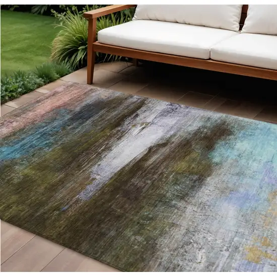 Brown Teal Blue And Blush Abstract Washable Indoor Outdoor Area Rug Photo 2