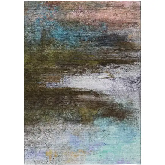 Brown Teal Blue And Blush Abstract Washable Indoor Outdoor Area Rug Photo 1