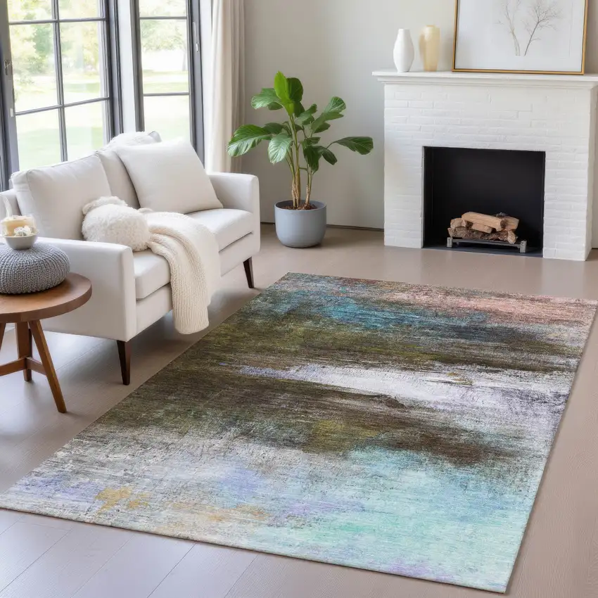 Brown Teal Blue And Blush Abstract Washable Indoor Outdoor Area Rug Photo 5