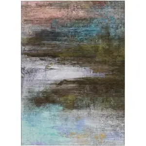 Photo of Brown Teal Blue And Blush Abstract Washable Indoor Outdoor Area Rug