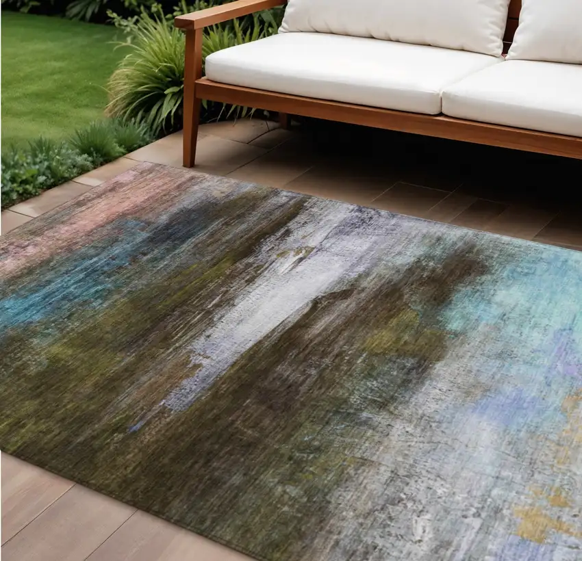 Brown Teal Blue And Blush Abstract Washable Indoor Outdoor Area Rug Photo 2