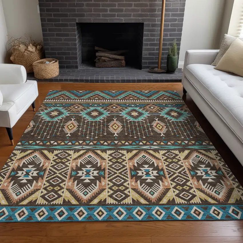 Brown Teal Blue And Coral Aztec Washable Indoor Outdoor Area Rug Photo 7