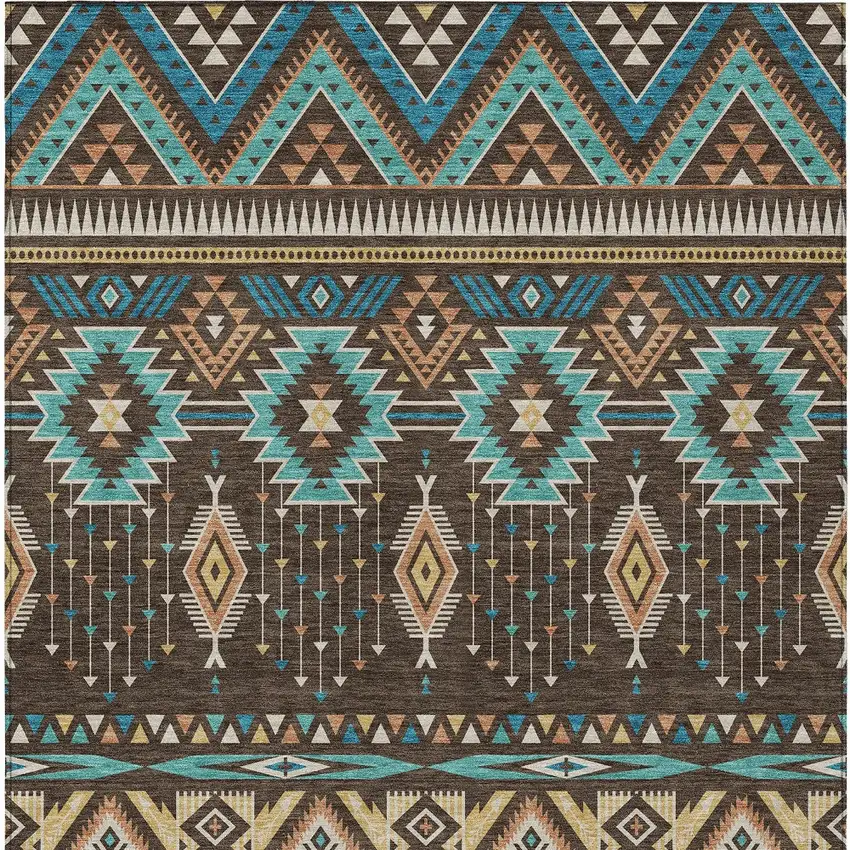 Brown Teal Blue And Coral Aztec Washable Indoor Outdoor Area Rug Photo 9