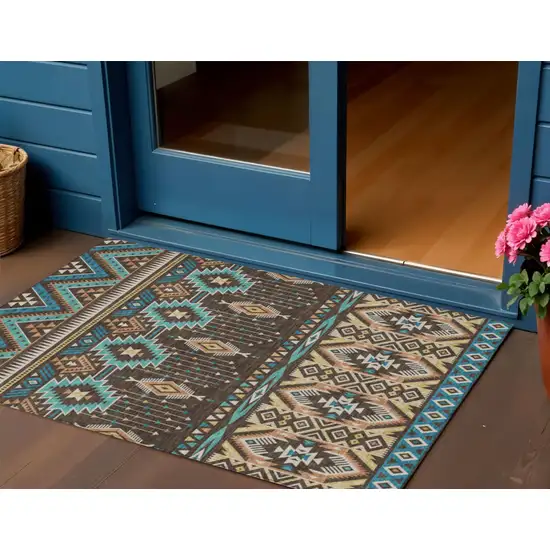 Brown Teal Blue And Coral Aztec Washable Indoor Outdoor Area Rug Photo 2