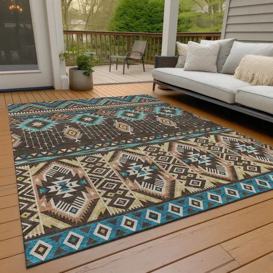 Brown Teal Blue And Coral Aztec Washable Indoor Outdoor Area Rug Photo 8