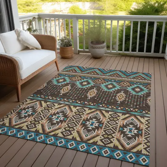 Brown Teal Blue And Coral Aztec Washable Indoor Outdoor Area Rug Photo 5