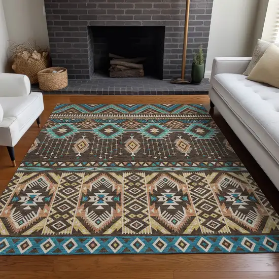 Brown Teal Blue And Coral Aztec Washable Indoor Outdoor Area Rug Photo 7