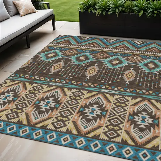 Brown Teal Blue And Coral Aztec Washable Indoor Outdoor Area Rug Photo 2