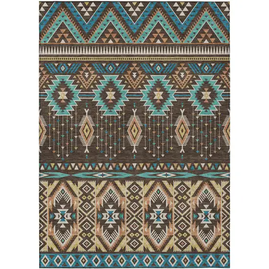 Brown Teal Blue And Coral Aztec Washable Indoor Outdoor Area Rug Photo 1
