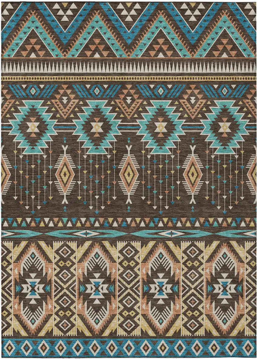Brown Teal Blue And Coral Aztec Washable Indoor Outdoor Area Rug Photo 1