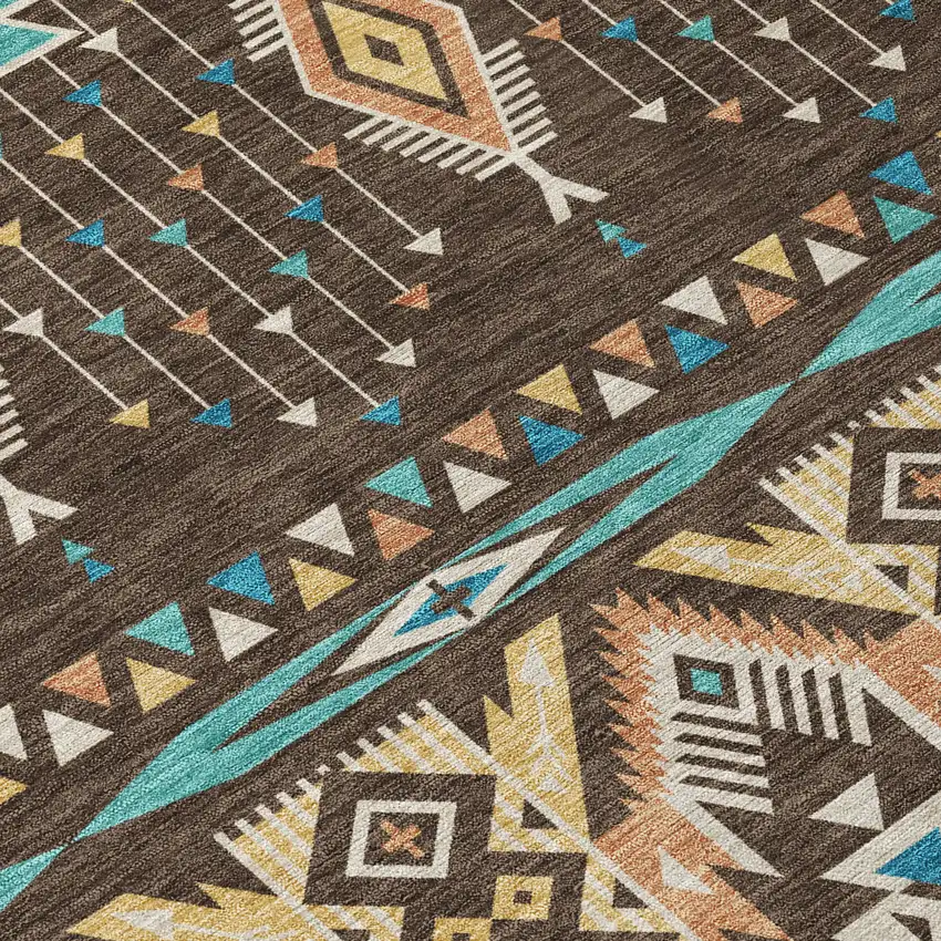 Brown Teal Blue And Coral Aztec Washable Indoor Outdoor Area Rug Photo 8