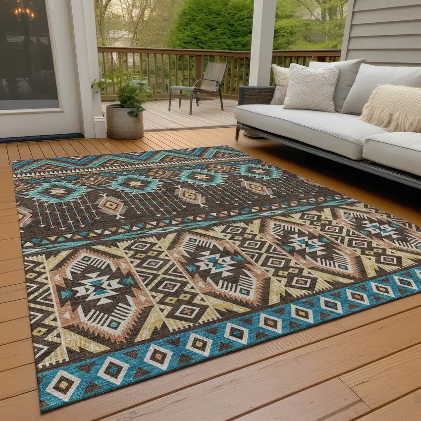 Brown Teal Blue And Coral Aztec Washable Indoor Outdoor Area Rug Photo 8