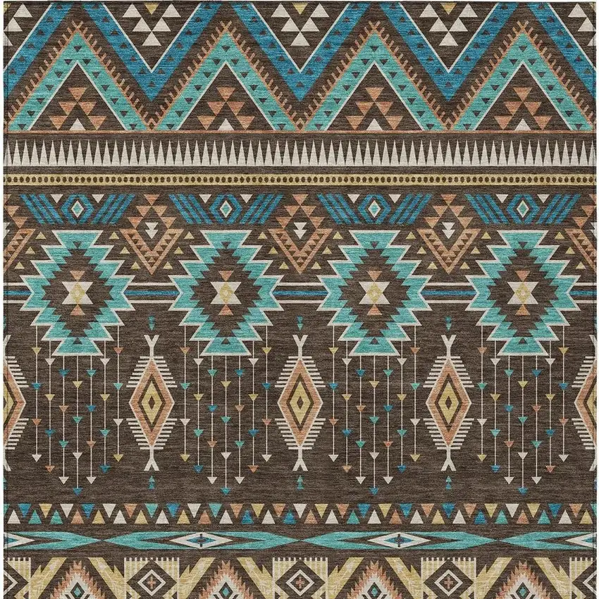 Brown Teal Blue And Coral Aztec Washable Indoor Outdoor Area Rug Photo 4