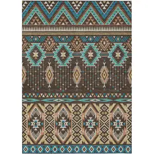 Photo of Brown Teal Blue And Coral Aztec Washable Indoor Outdoor Area Rug